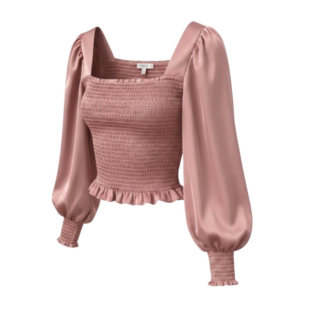 GUESS Los Angeles Pink Satin Smocked Long Sleeve Blouse Square Neck Crop Top M